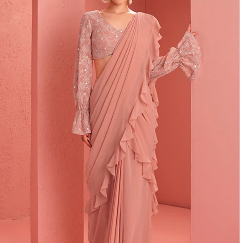 Pink Ruffled Pre-Stitched Indian Saree/Sari